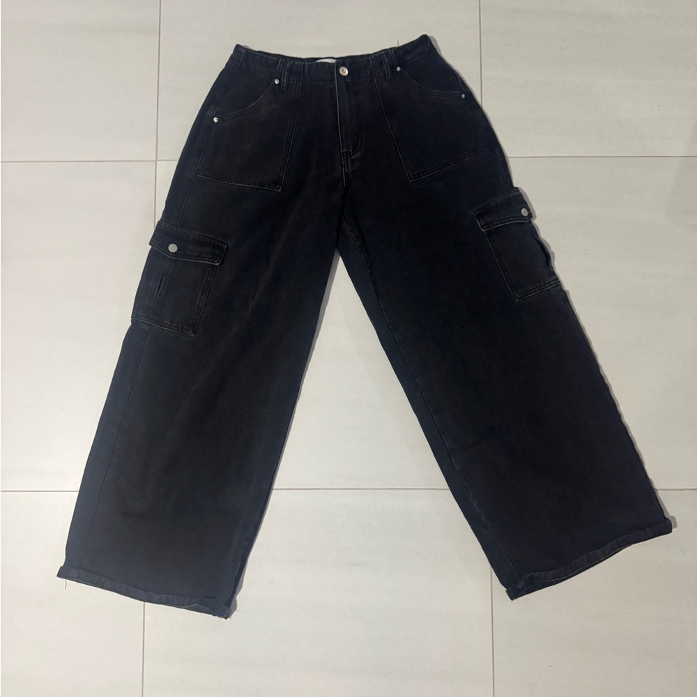 princess polly adrianne wide leg cargo jeans in black